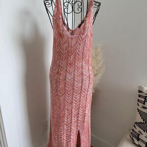 Madden NYC Space Dye Crochet Knit V-Neck Tank Midi Dress NWT Small- Shell Pink